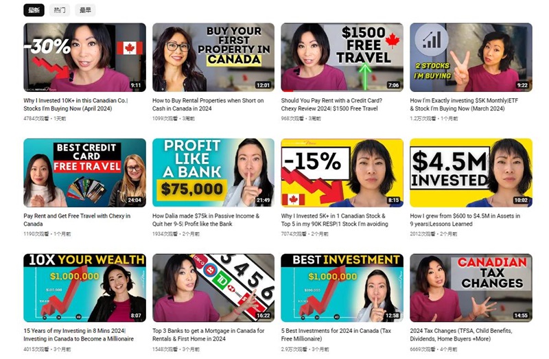 加拿大金融類youtube尾部博主達人頻道內(nèi)容